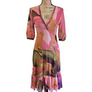 FUZZI Vintage Women's Pink Watercolor Print Stretchy Mesh Half Sleeve Dress Sz M